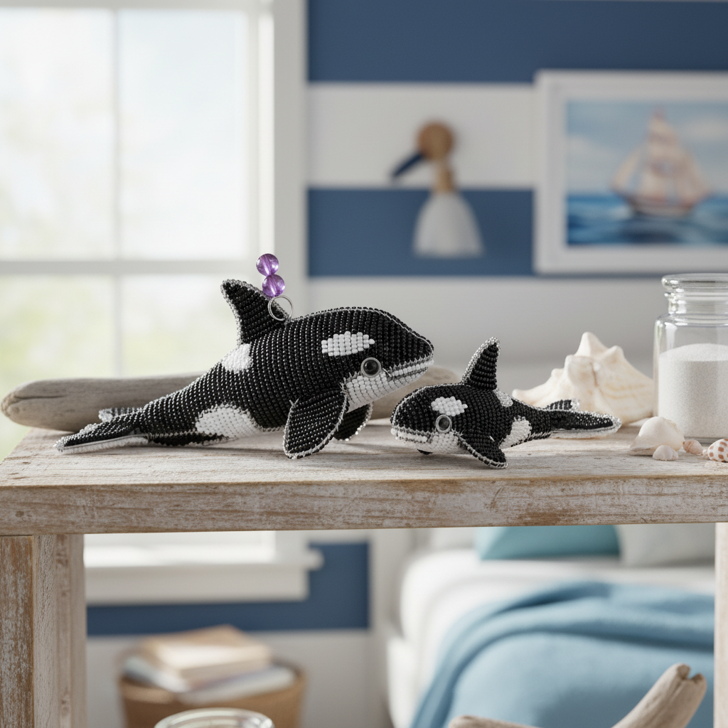 Orca Baby Beaded Figurine – Set of 2 | Handcrafted Glass & Acrylic Bead Sculpture