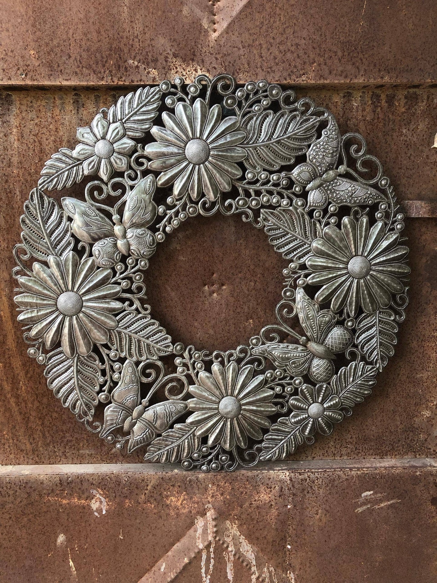 Haitian Metal Art, Flower and Butterfly Wreath 23"