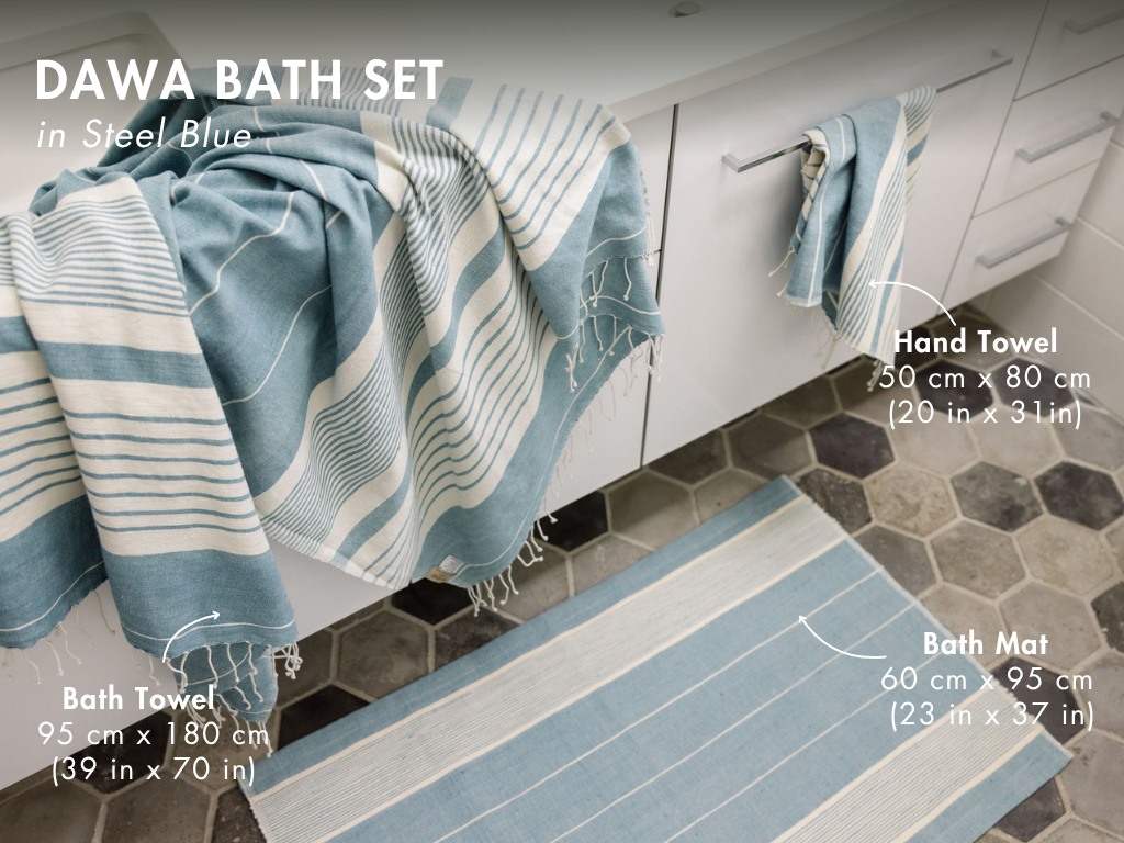 bath set in steel blue with dimensions