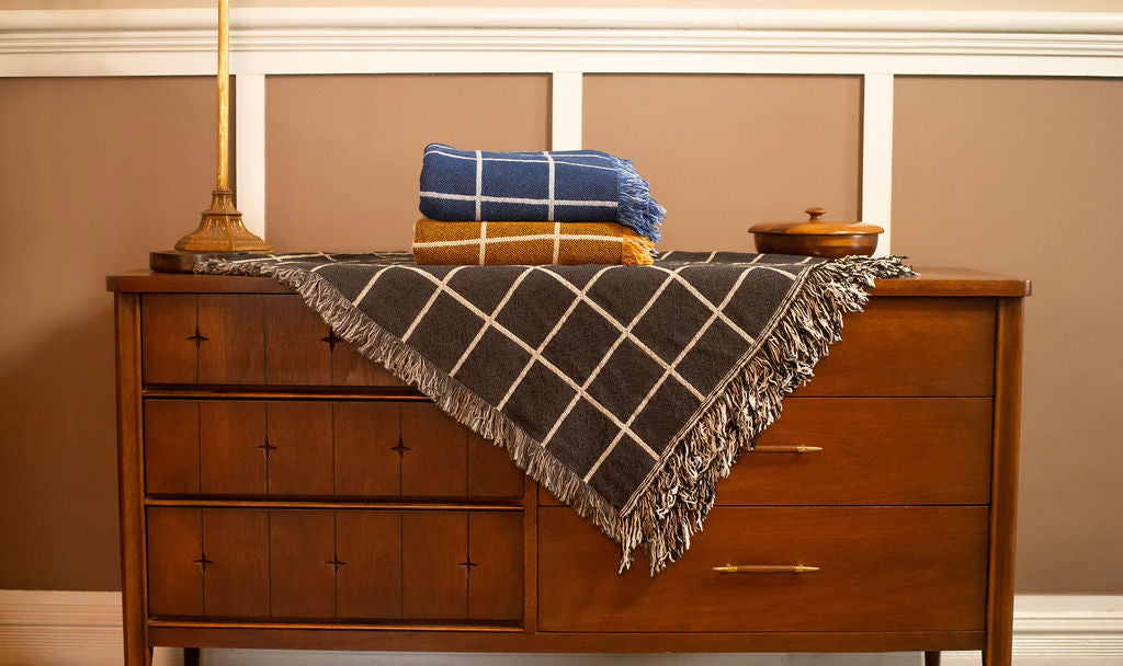 Charcoal Grid Jacquard Woven Throw