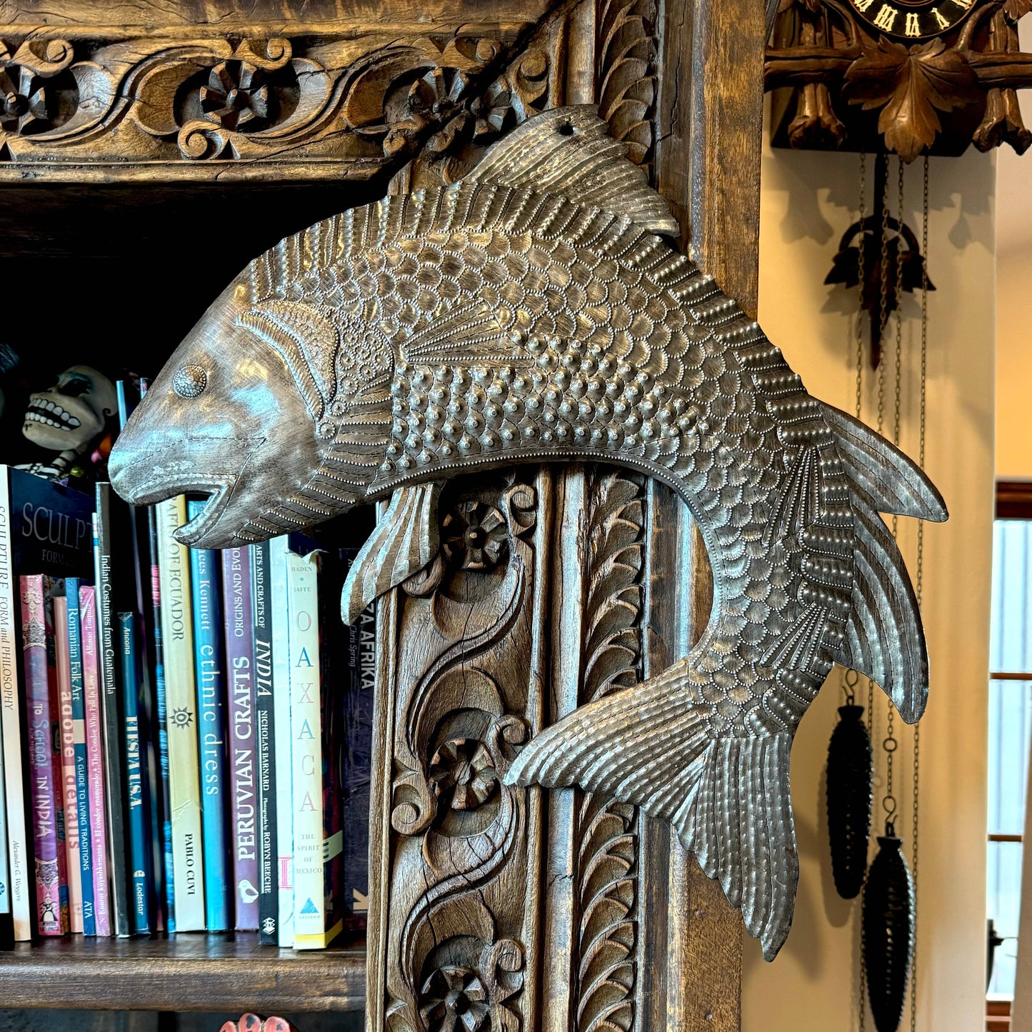 Salmon Jumping, Hand Cut Haitian Metal Art 17" x 15"