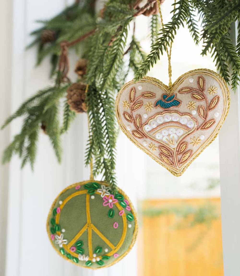 Larissa Plush Floral Heart Beaded Fabric Ornament - Embroidered
