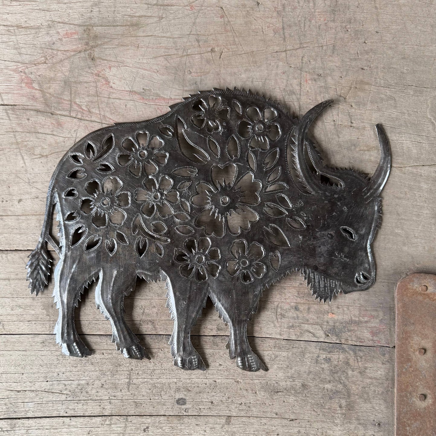 Haitian Metal Buffalo Wall Art 15x12 Hand Chiseled Recycled