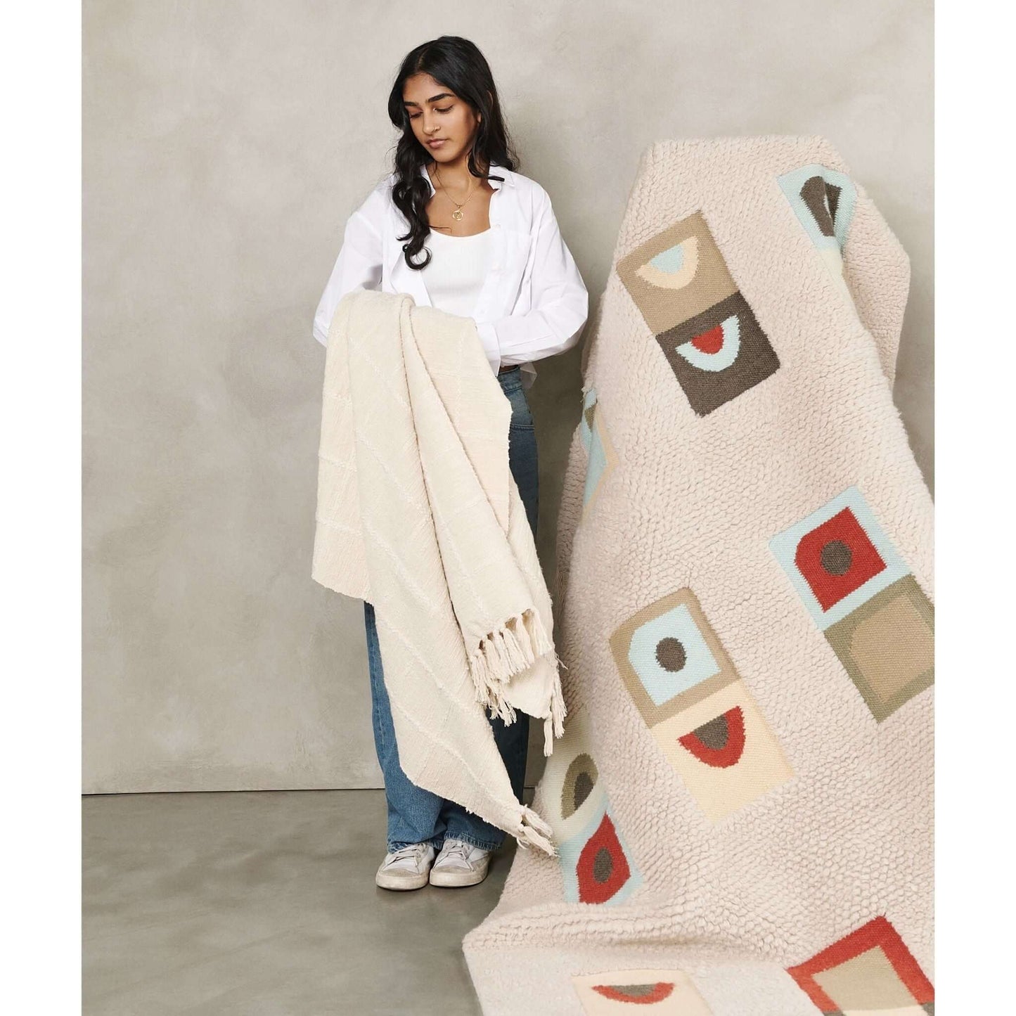 Sea Shell White Textured Checks Handloom Throw