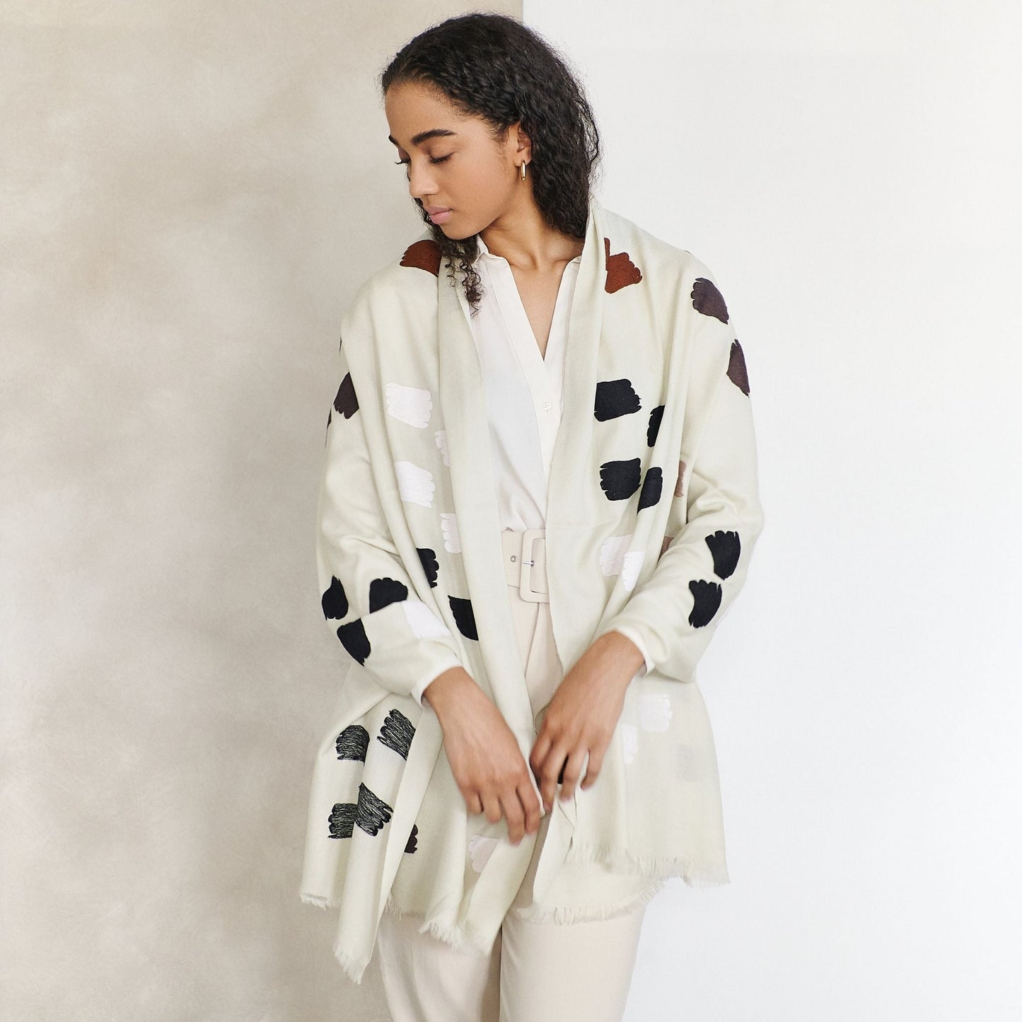 Off White Dahlia Hand Embroidered Hand Woven Modern Artisanal Scarf