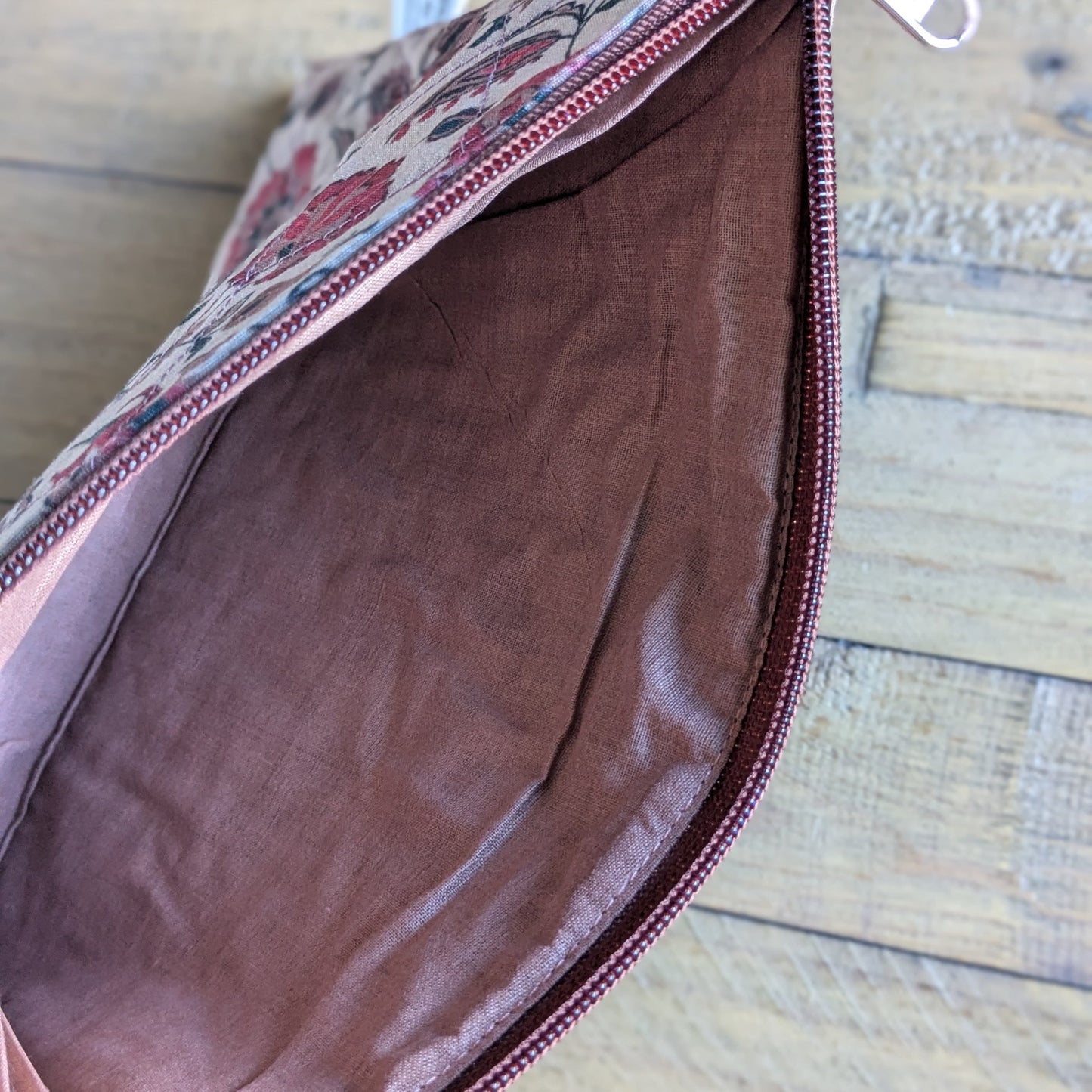 Quilted Sari Pouches: Burgundy Floral Pattern with Colourful Zipper