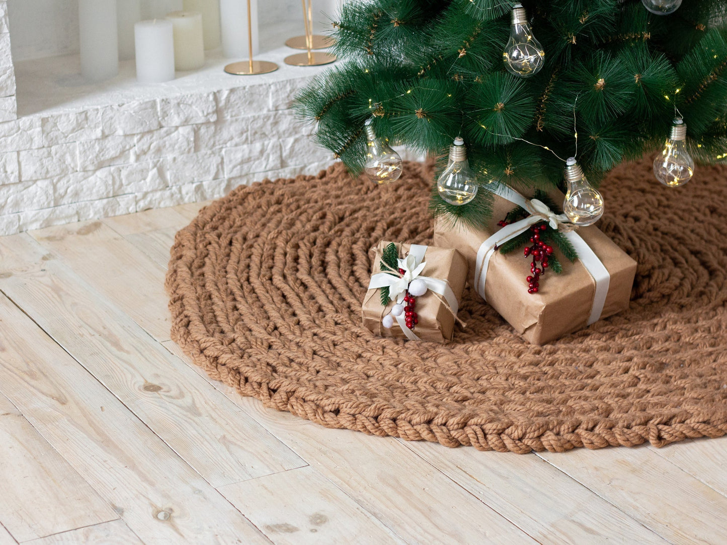 Beige Chunky-Knitted Christmas Tree Skirt | US Stock