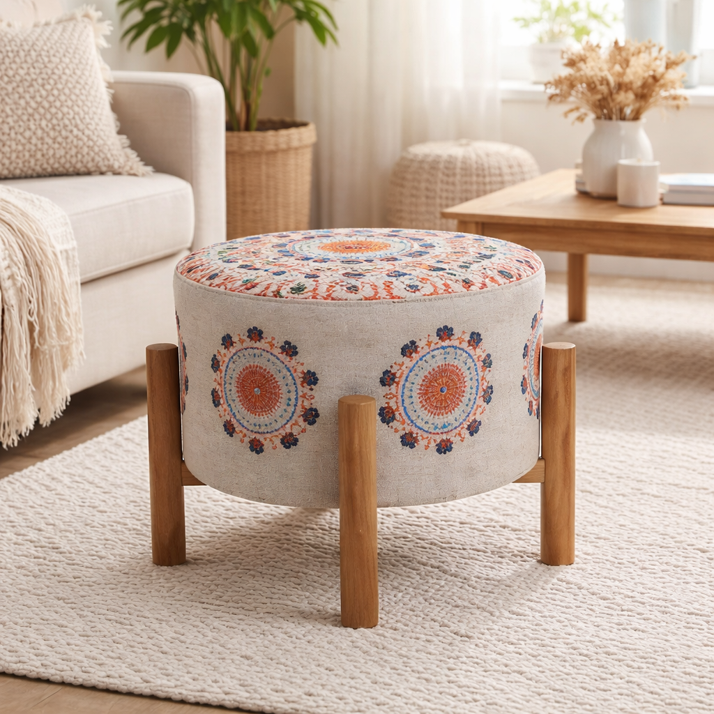 Mandala Design Embroidered Stool | 16x14" | Beige | Cotton