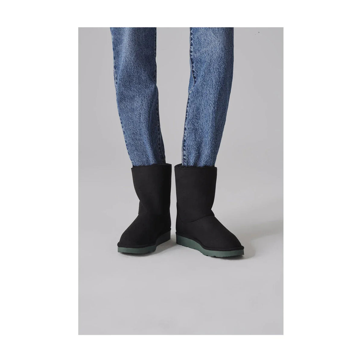 Black with green sole faux fur boots – vegan mid-length