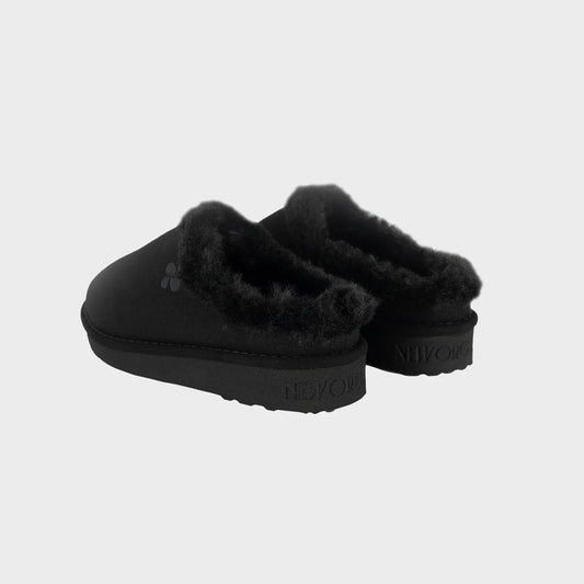 Black recycled ugg-like slippers sustainable warm footwear