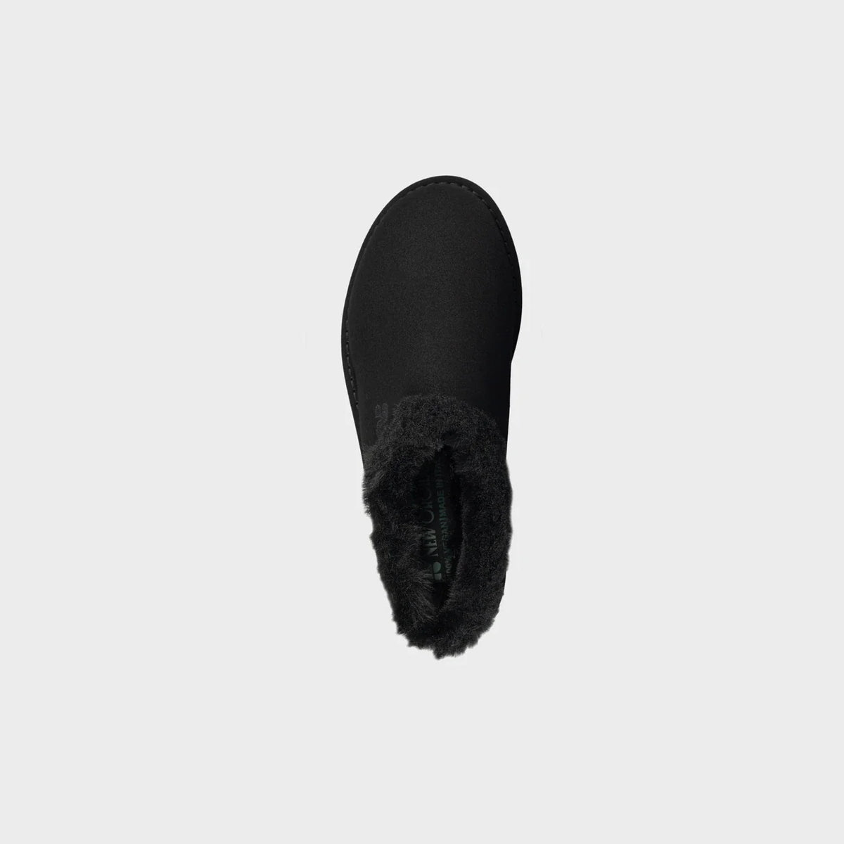 Black vegan ugg-like slippers cruelty free cozy winter shoes