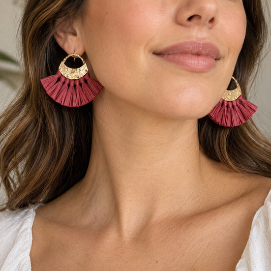 Red Raffia Fan Earrings