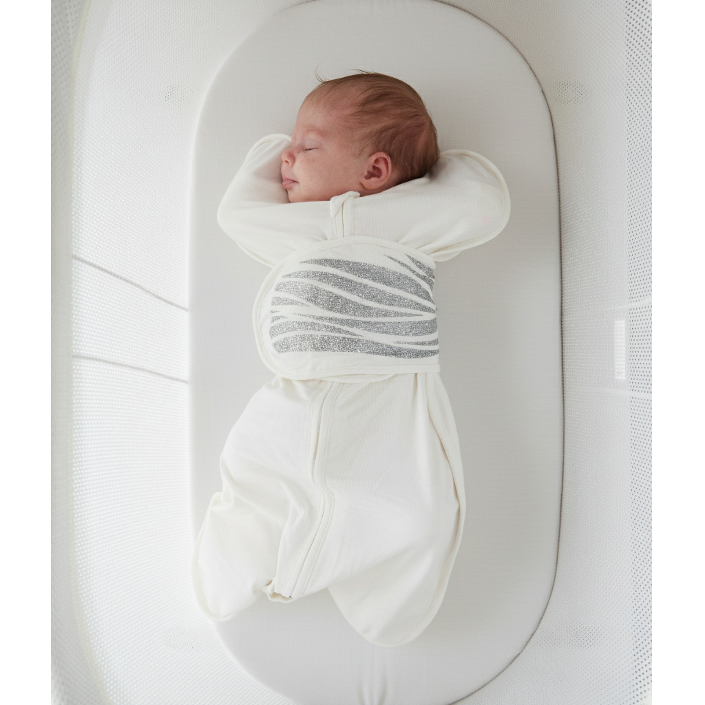 Newborn baby sleeping in a Sleep of Mind breathing reassurance swaddle in a white bassinet 