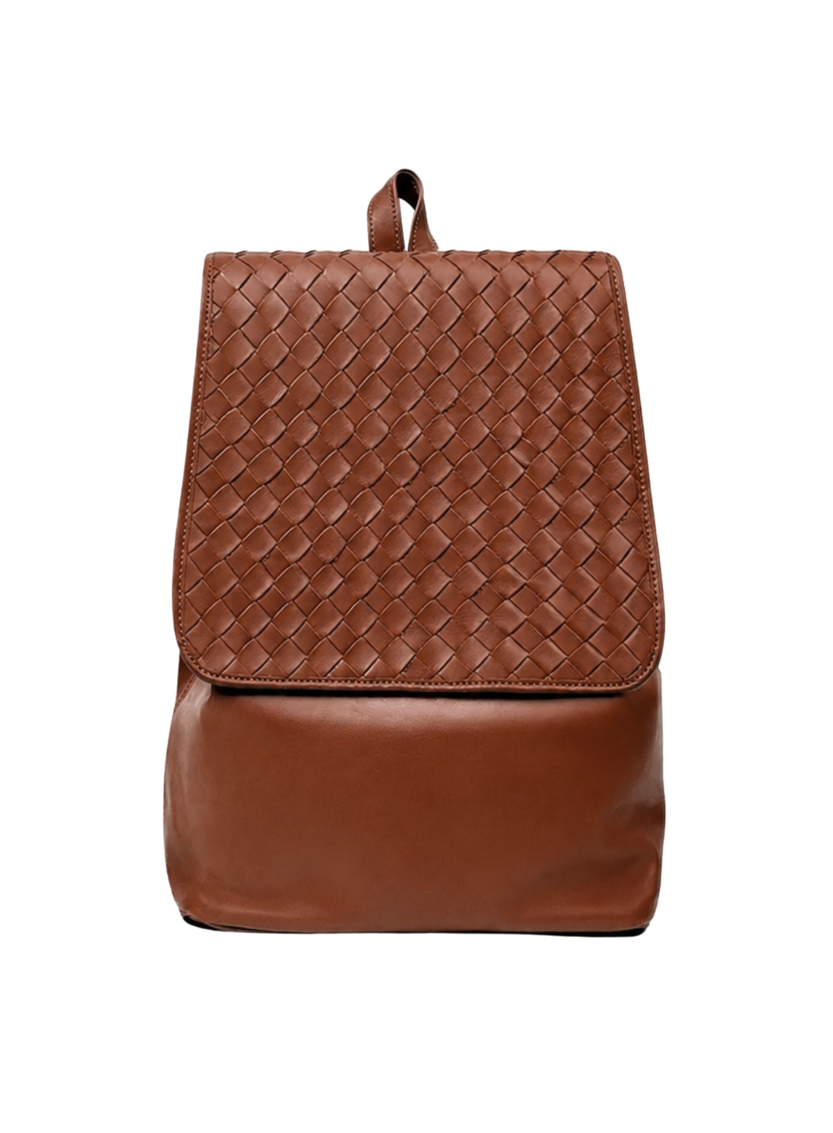 A brown leather backpack with a woven basketweave pattern on the upper flap and a smooth leather lower body, shown against a plain white background.