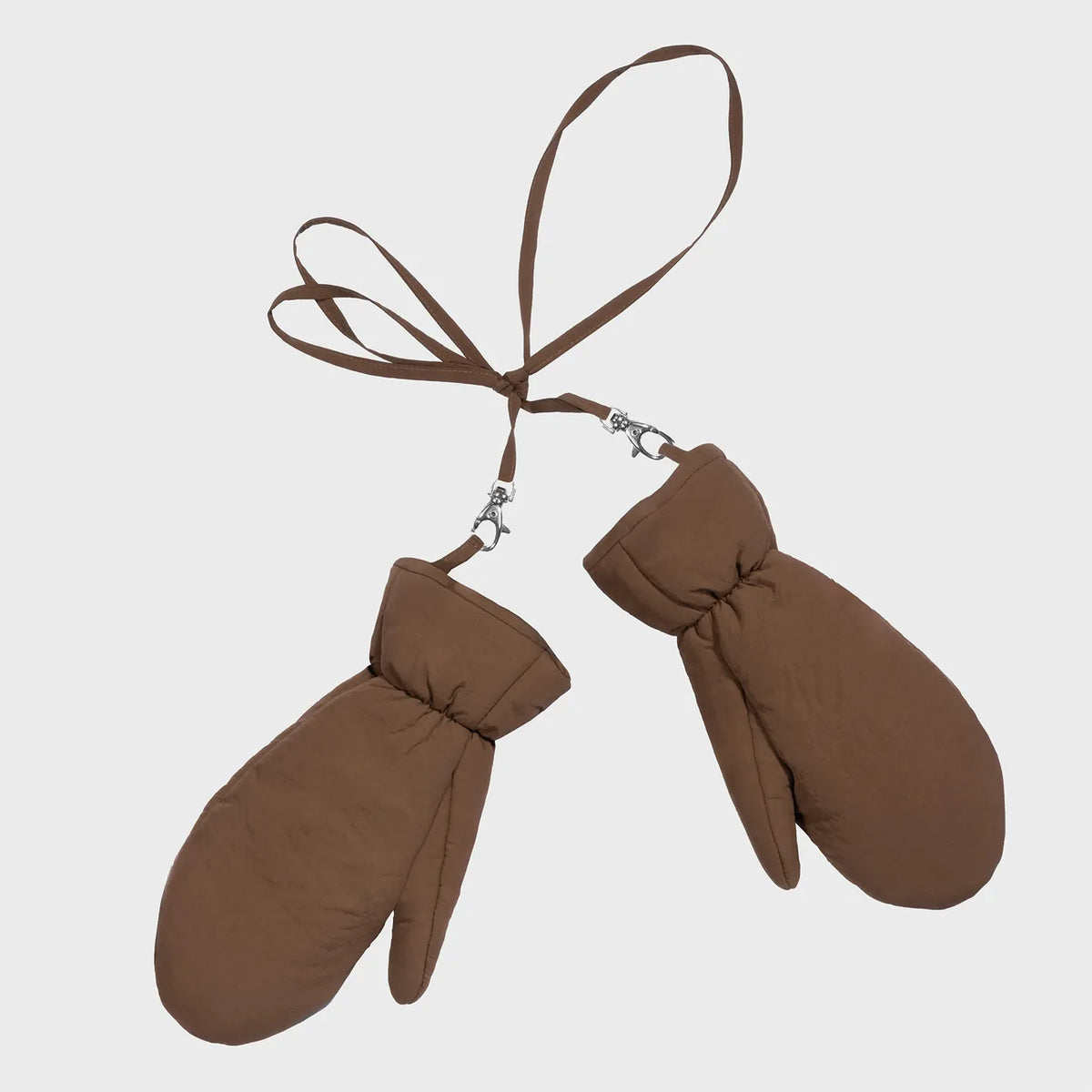 Brown vegan winter mittens connected by a strap, made from recycled materials with a soft, insulated design. - The New Orchard - ⁠Warm Brown
