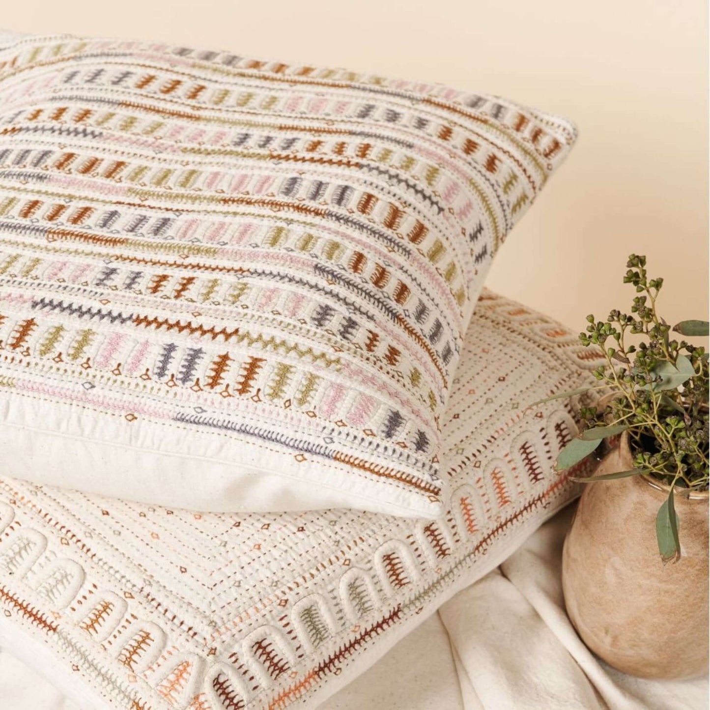 Dahli Coral Artisanal Hand Embroidered Pillow Cover