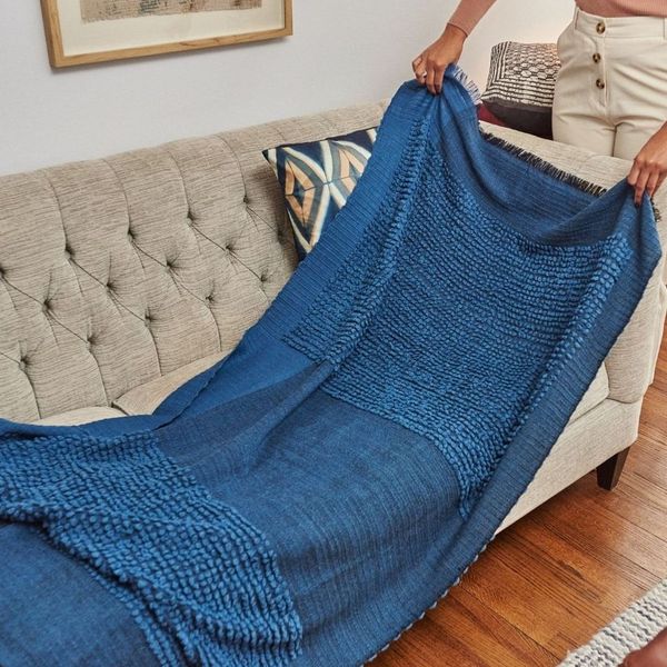 Macaroon Midnight Dark Blue Textured Merino Handloom Throw