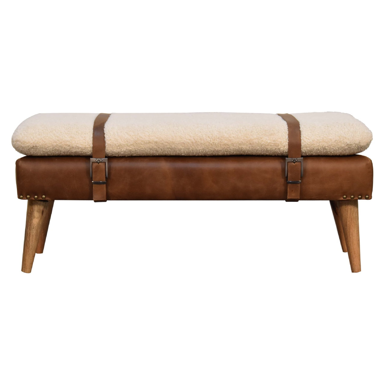 Boucle Buffalo Hide Leather Bench, Chestnut
