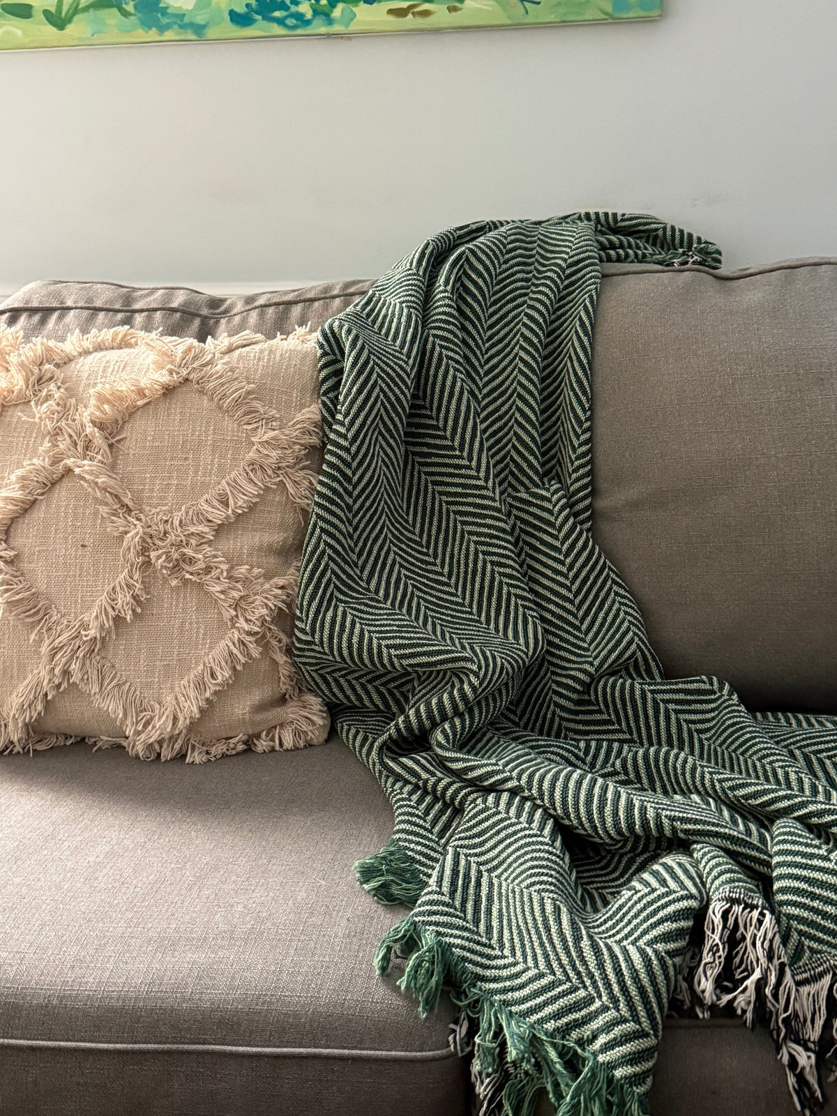 Green Herringbone Jacquard Woven Throw