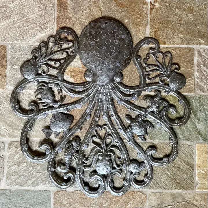 Haitian Metal Octopus Wall Art 23x23 Hand Chiseled Steel 