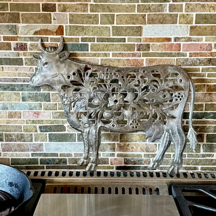 Haitian Metal Cow Wall Art 17x13 Hand Chiseled Recycled 