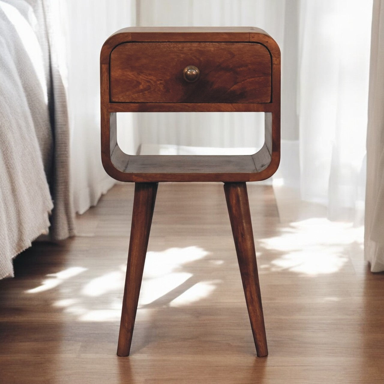 Solid Wood Mini Honey Caramel Curved Bedside Table