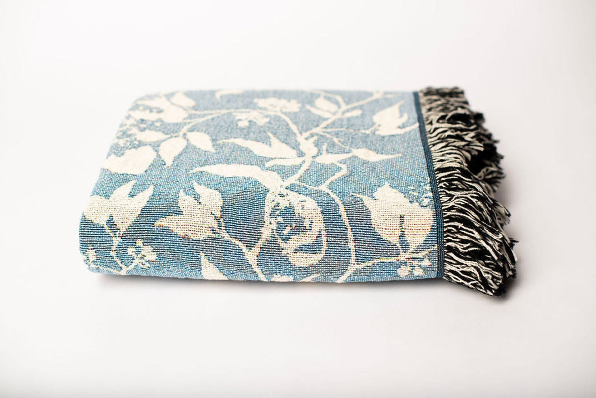Blue Bird and Botanical Jacquard Woven Throw