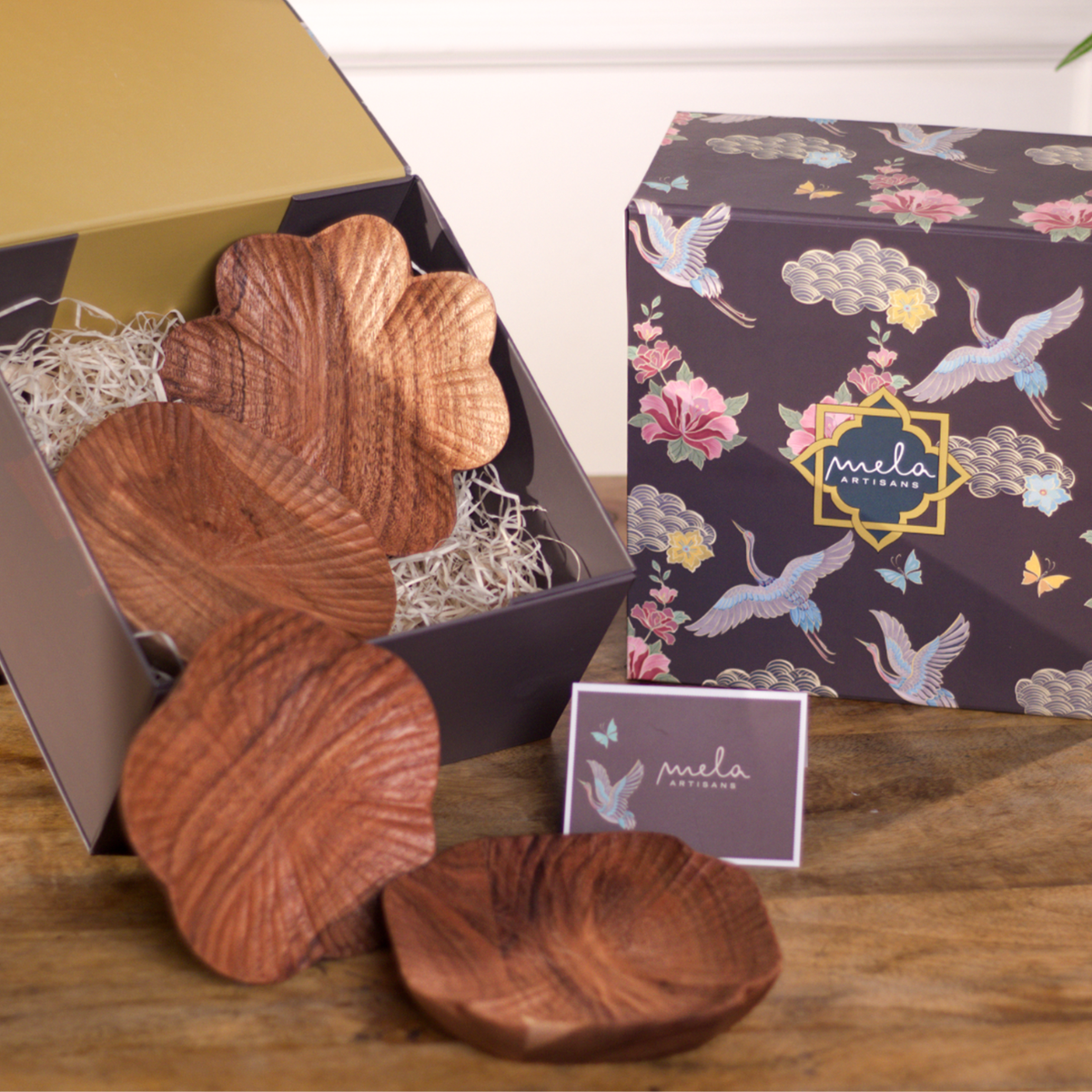 S/4 Handcarved Wooden Trinket Trays Gift Set