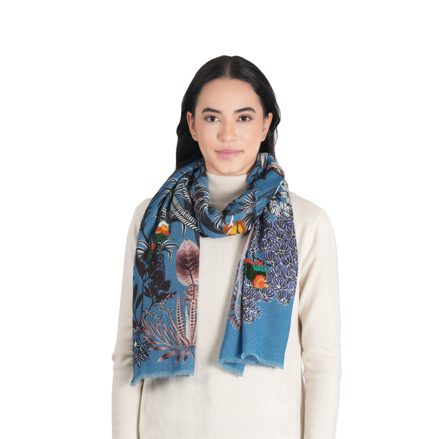 Woodland Embroidered Wool Scarf - Lapis Blue