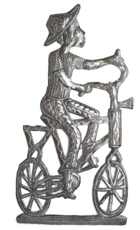 Haitian Metal Wall Art Boy on Bicycle Fair Trade Recycled