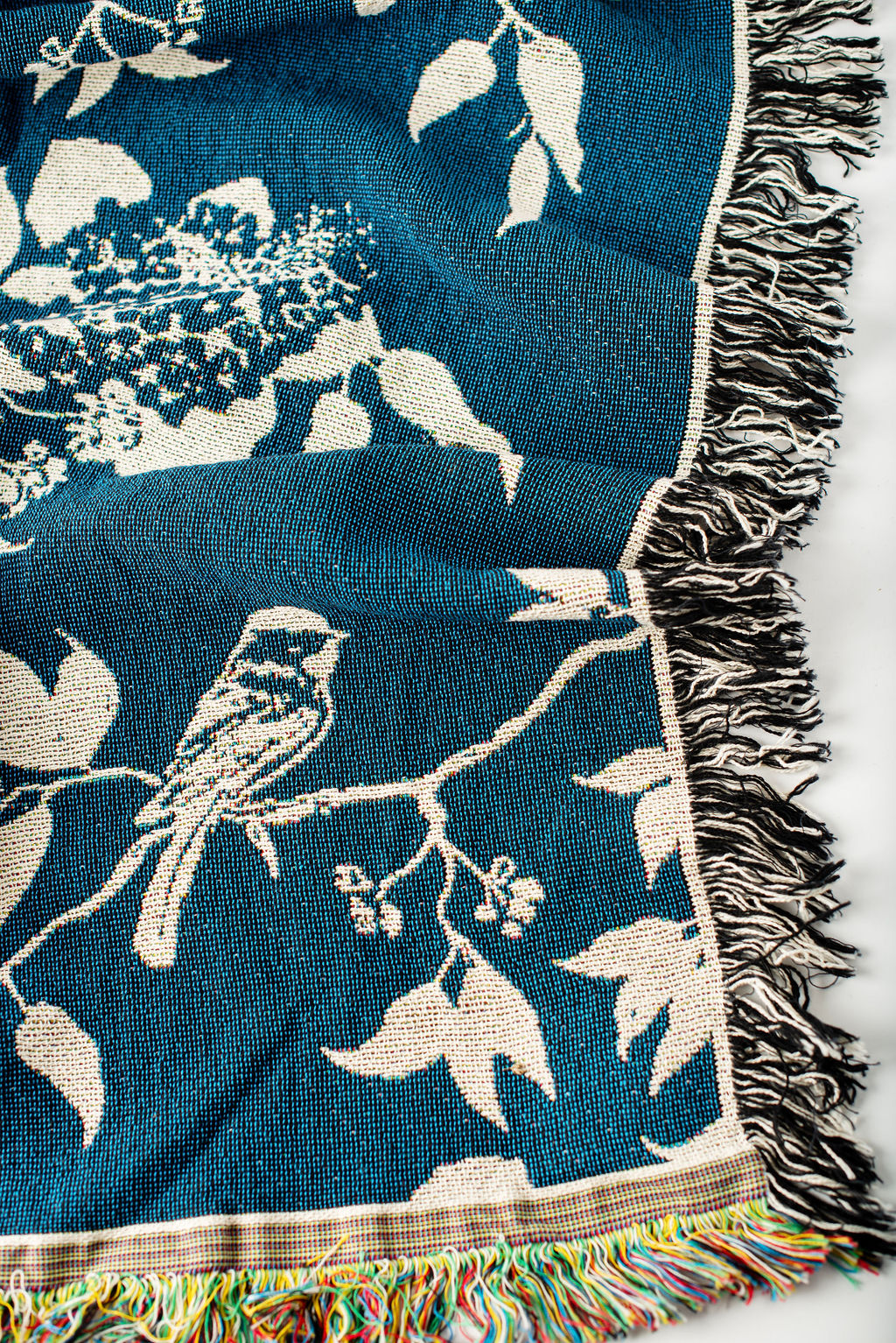 Teal Bird and Botanical Jacquard Woven Throw