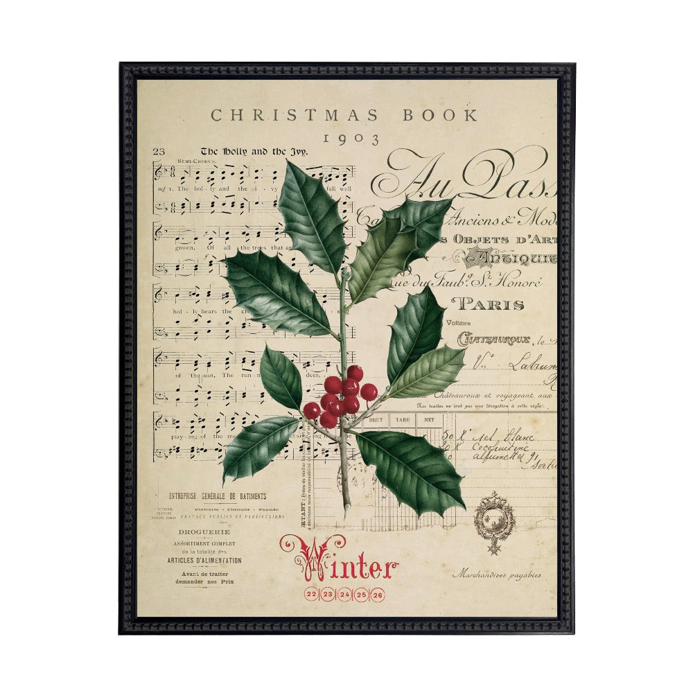 Vintage Painting of Holly on a distressed bookplate background