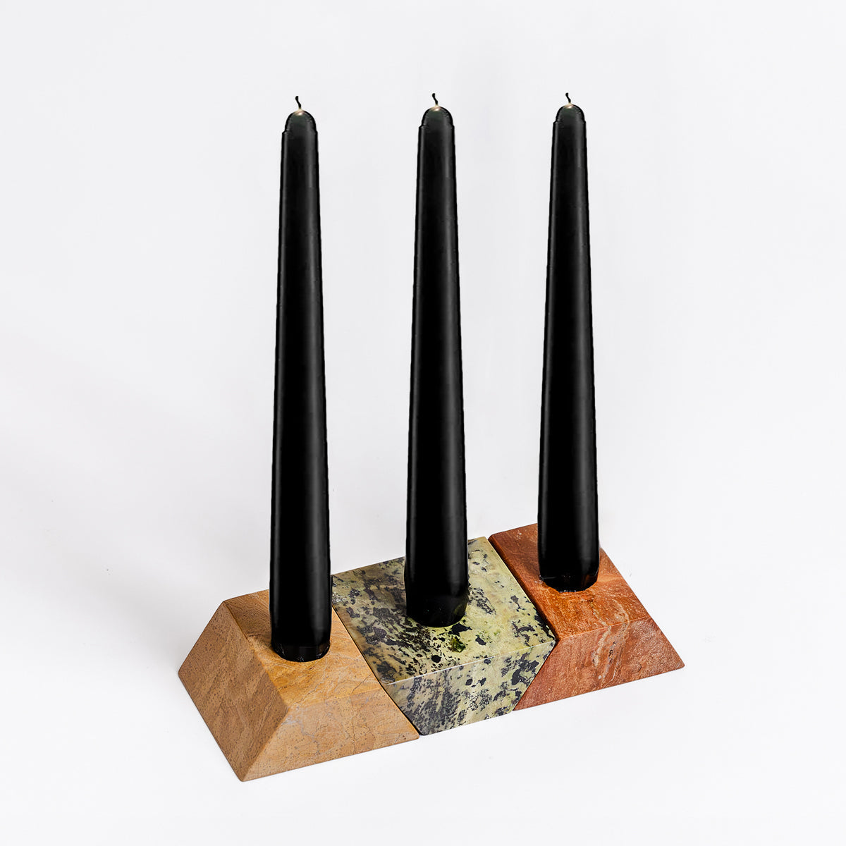 Triangle Gemstone puzzle  / 3piece candelabra Serpentine, Soapstone, Jasper