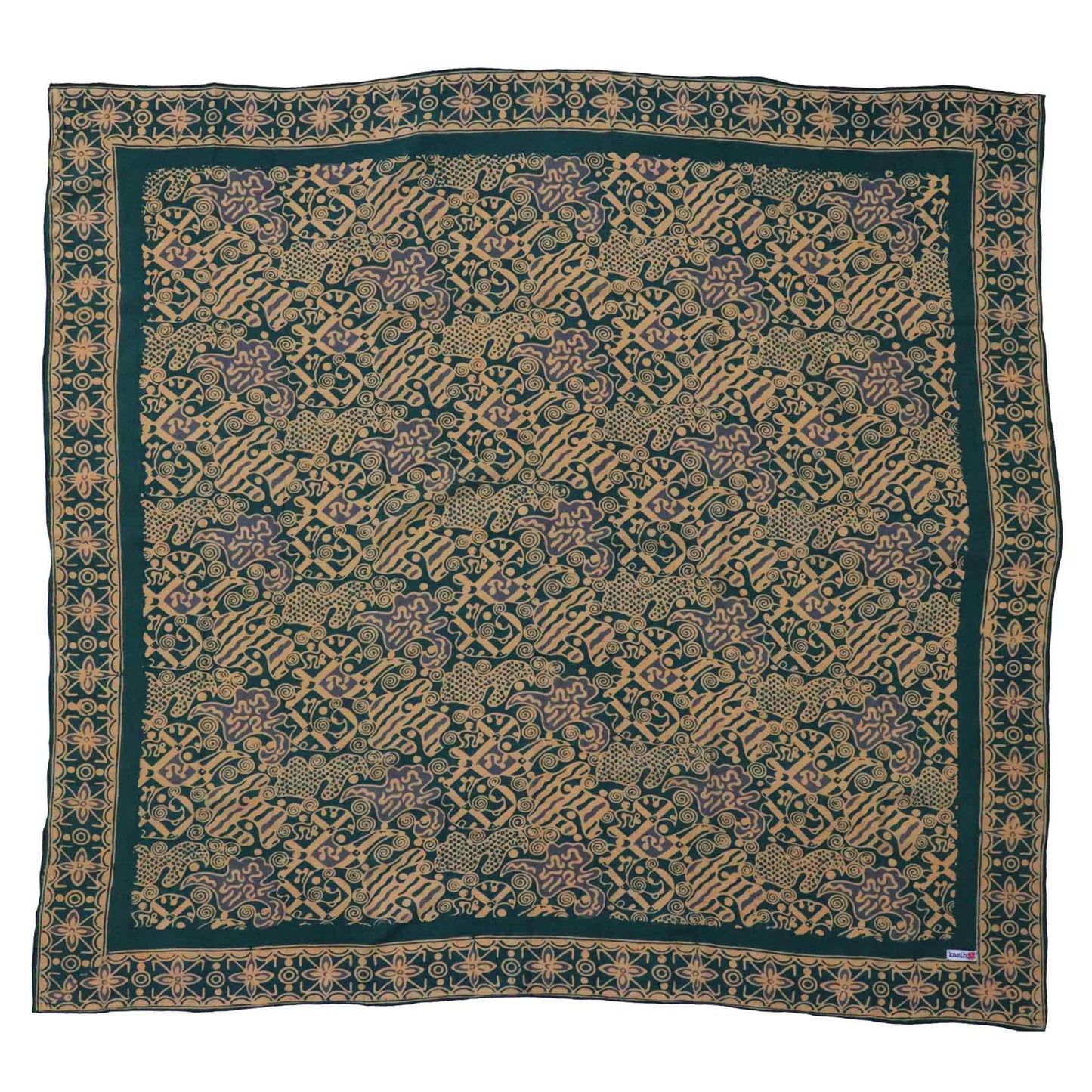 Large 39" Hand Dyed Batik Bandana, 100% Soft Cotton, Abstract Flowers, Teal, Patina Blue