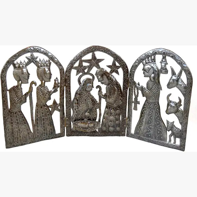 Haitian Nativity Scene, Upcycled Triptych Crèche 34" x 15"