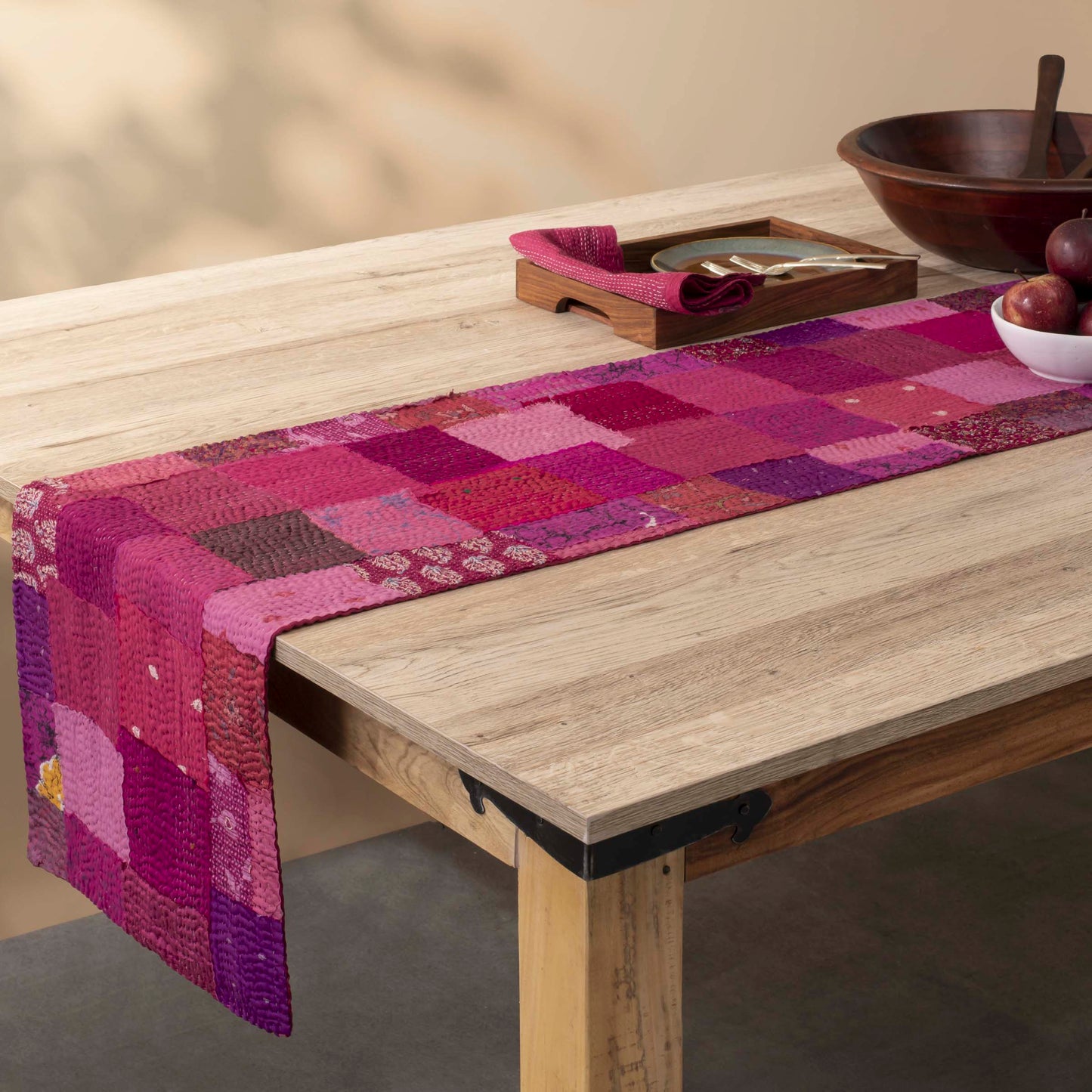 Printed Fray patch kantha runner - Pink
