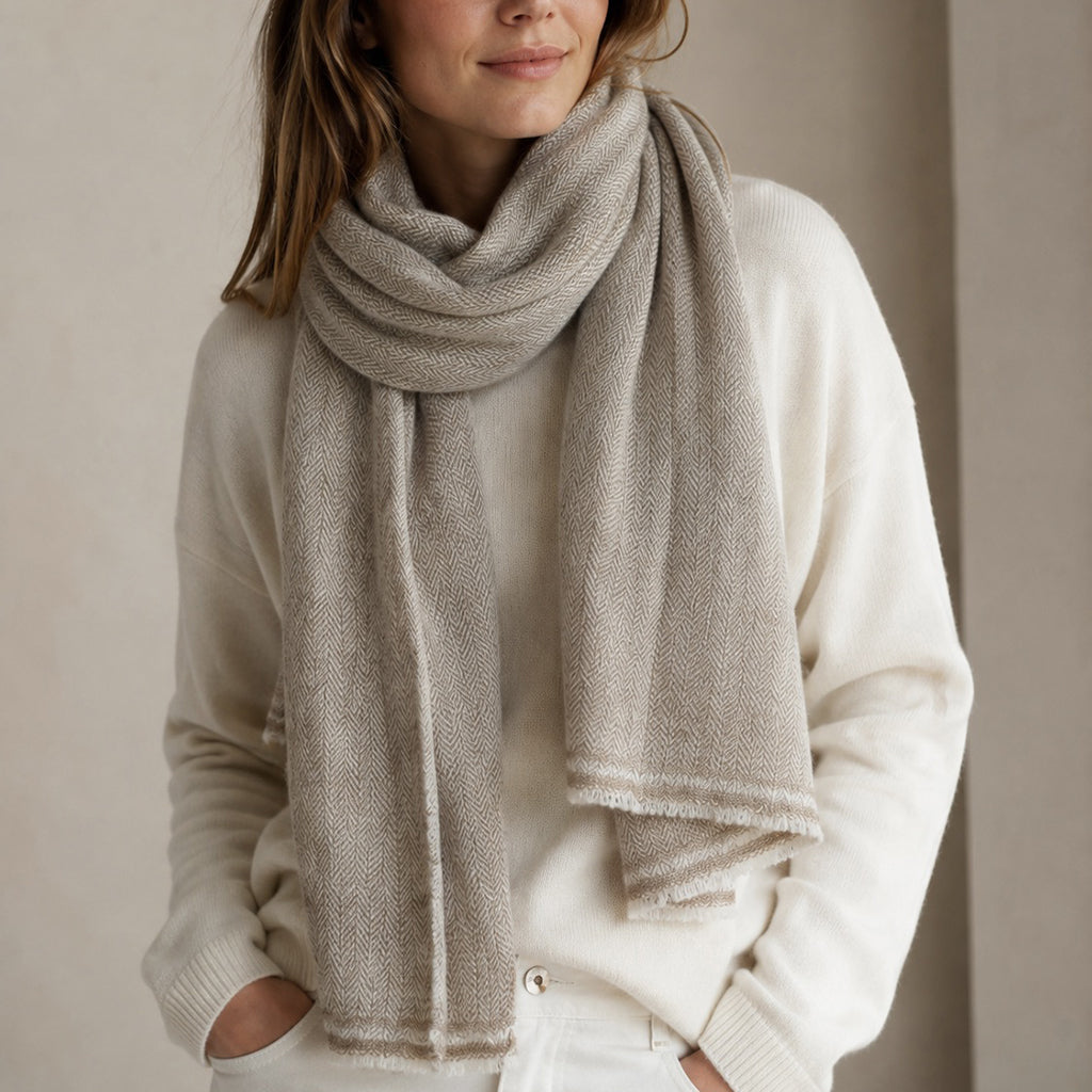 Beige Herringbone Cashmere Scarf
