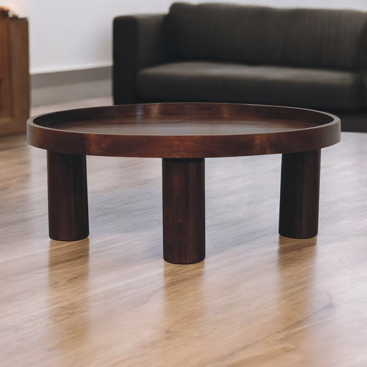 Solid Wood Crescent Coffee Table, Chestnut, Dark Brown