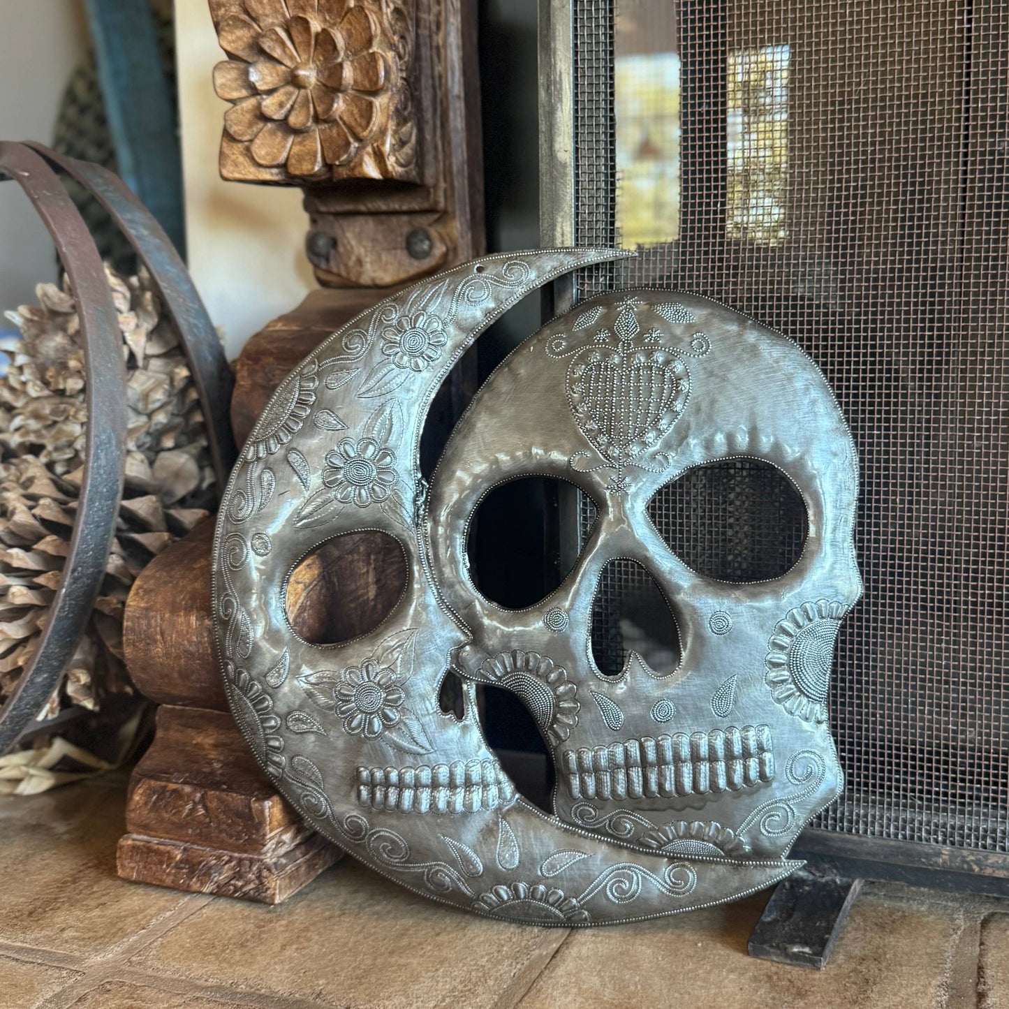 Haitian Metal Skull Wall Art w/ Petals – Recycled Steel  14"