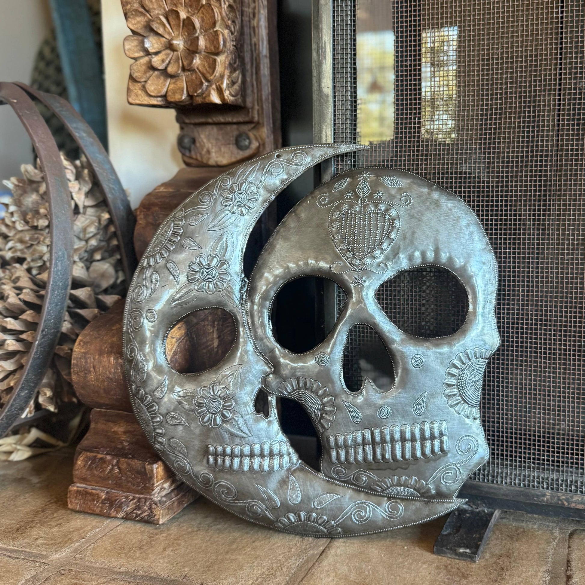Haitian Metal Skull Wall Art w/ Petals – Recycled Steel  14"