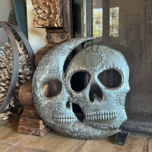 Haitian Metal Skull Wall Art w/ Petals – Recycled Steel  14"