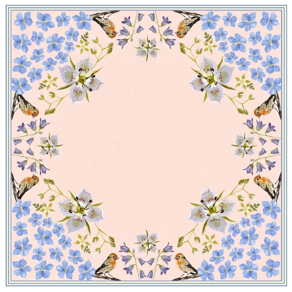 100% Silk Scarf: Pink Gentian - Wildflower Bird Design