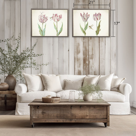 Pink Flowers with Two Dragonflies in Silver-Beaded Frame