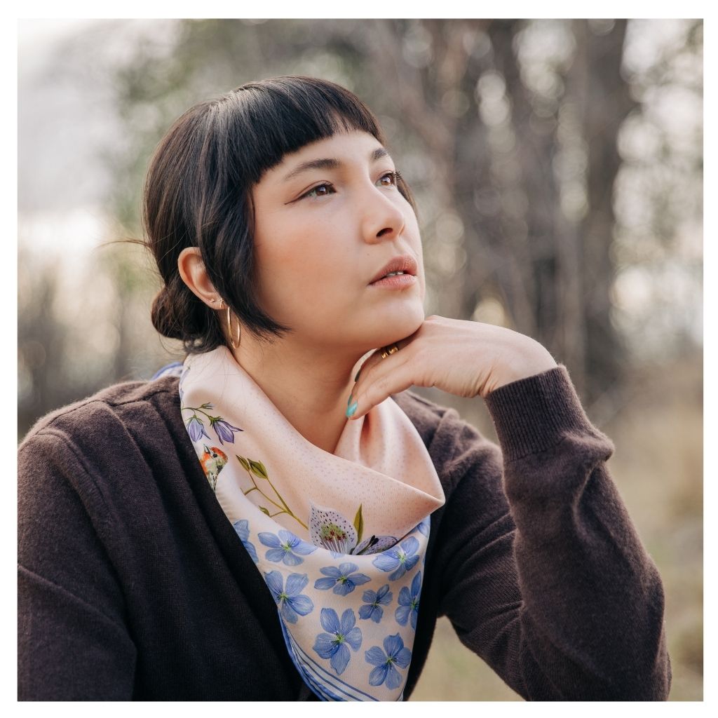 100% Silk Scarf: Pink Gentian - Wildflower Bird Design
