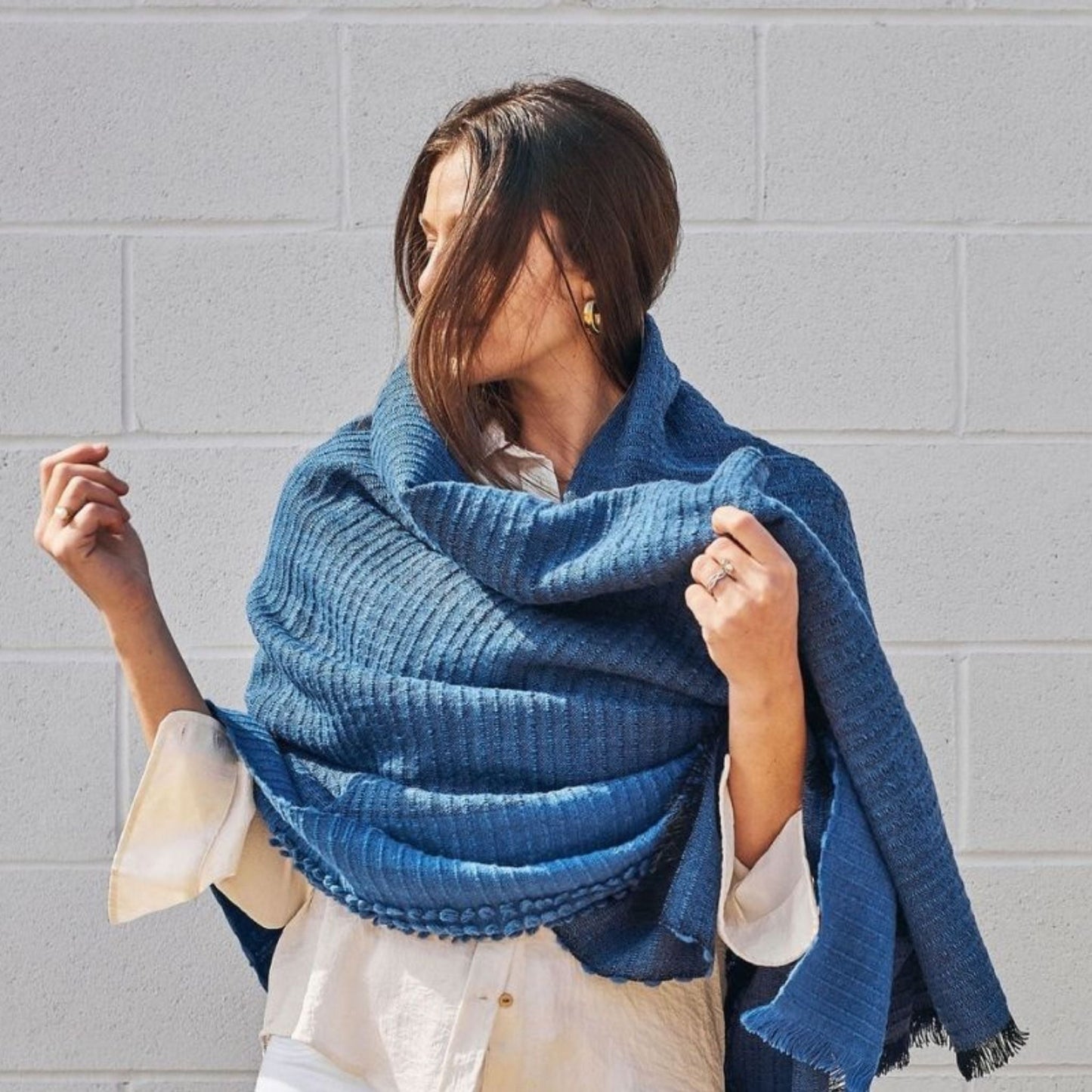 Macaroon Midnight Dark Blue Textured Merino Handloom Throw