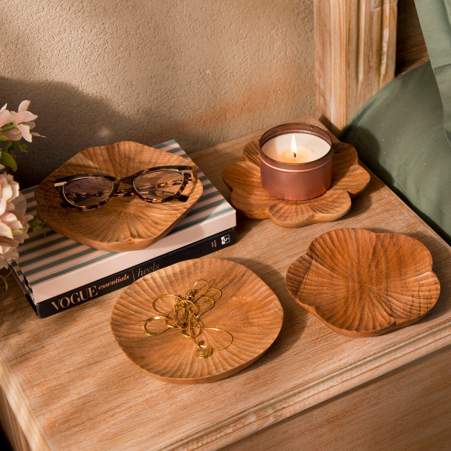 S/4 Handcarved Wooden Trinket Trays Gift Set