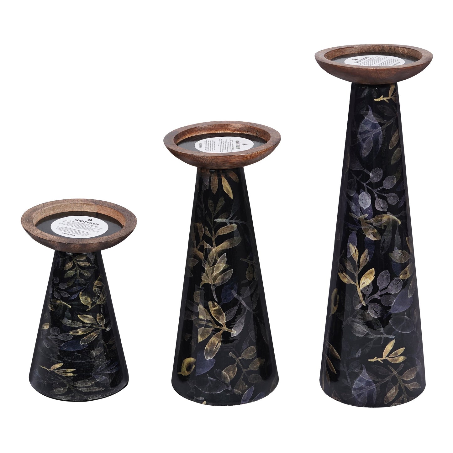 Moody Floral Mango Wood Pillar Candleholders – Black Set of 3