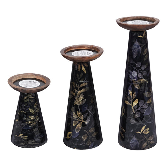 Moody Floral Mango Wood Pillar Candleholders – Black Set of 3