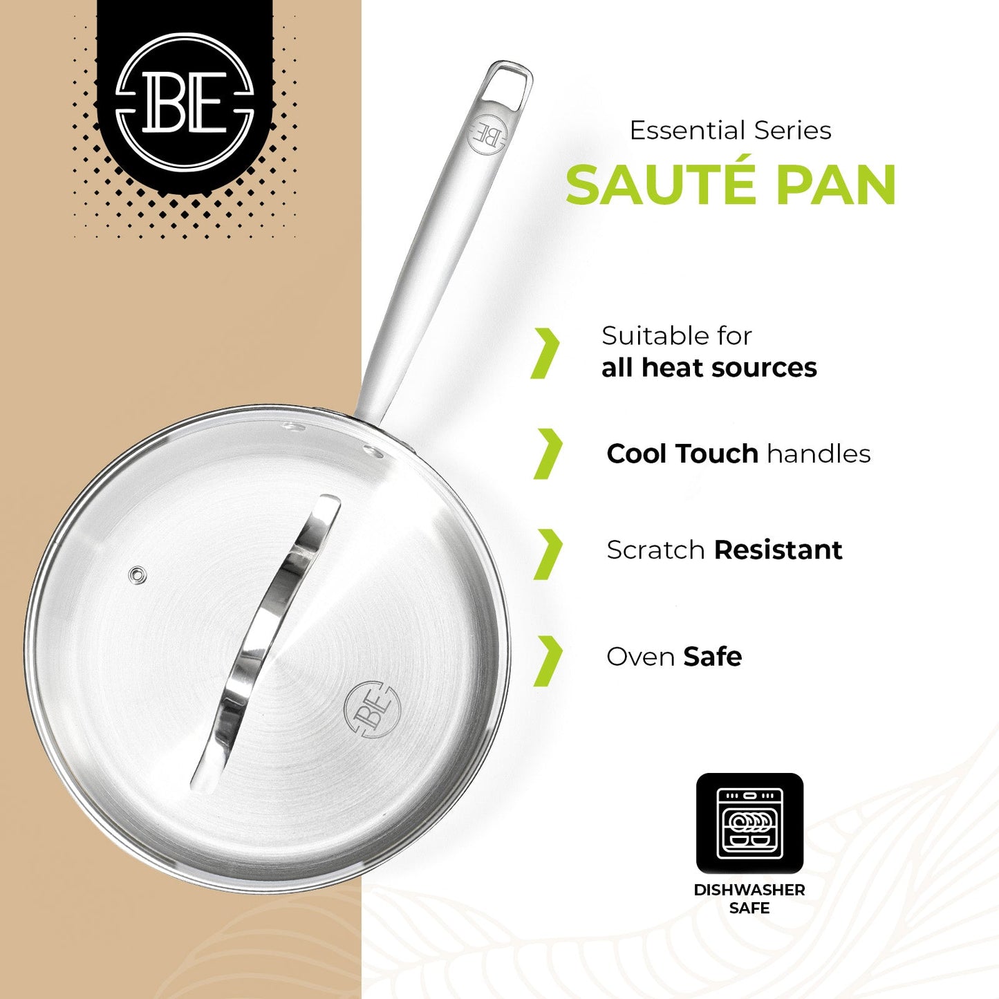 BE | LIVING - Essential Series - 3 qt  / 9.5" / 24 cm Saute Pan with lid - Triply Stainless Steel