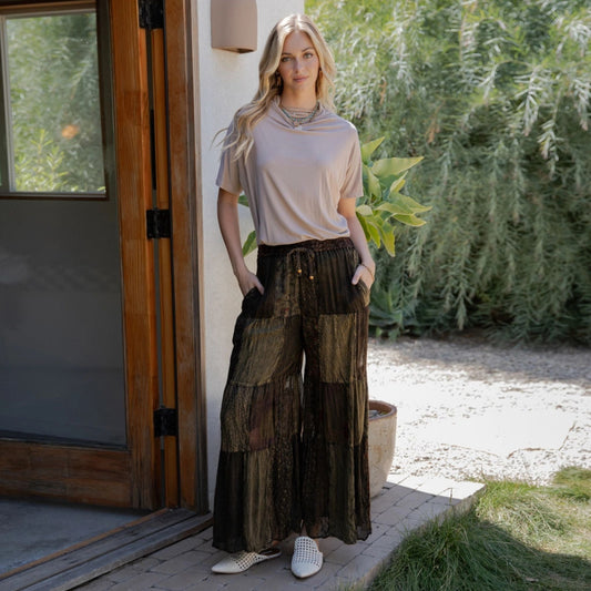 Limited Edition: Woodstock Dreams Retro Revival Long Flared Patchwork Pants - Indigo